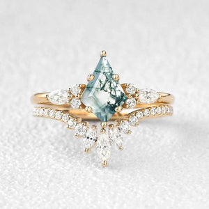 Adela’s Promise | Kite Cut Moss Agate Three Stone Engagement Ring Set 2pcs.