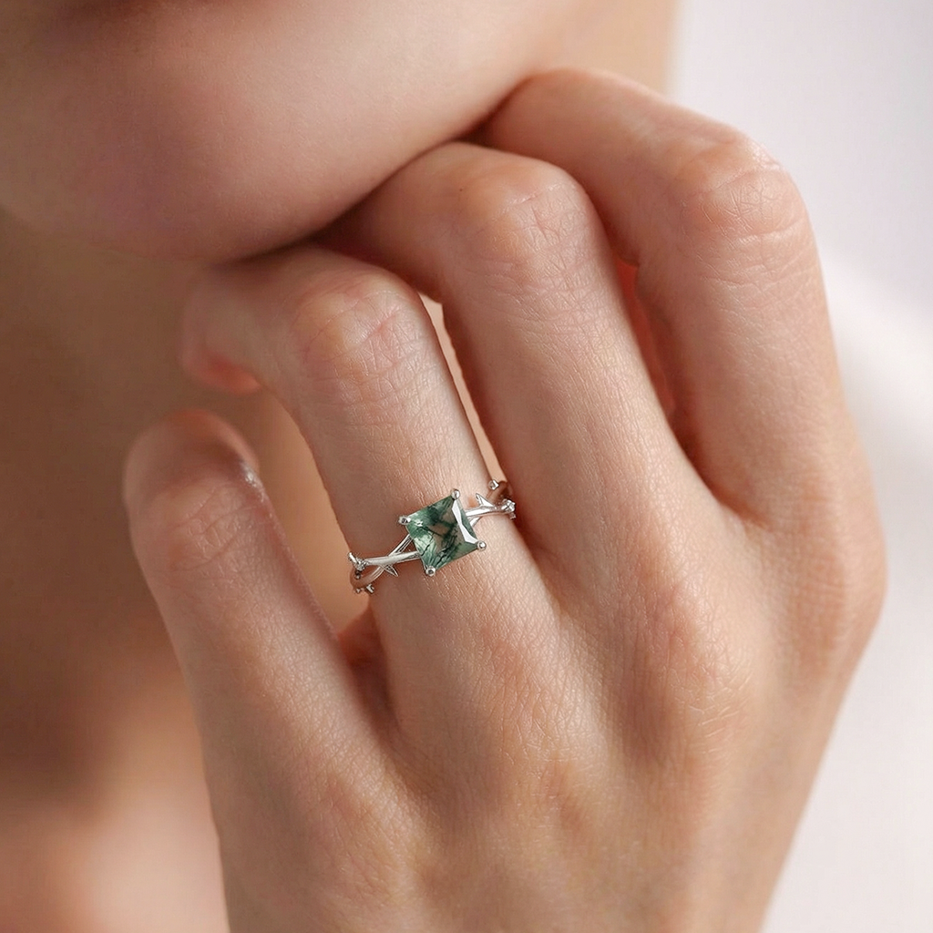Nature Inspired Princess Cut Moss Agate Leafy Engagement Ring.