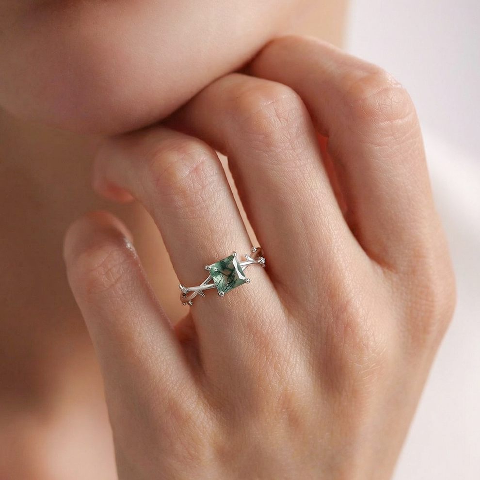 Nature Inspired Princess Cut Moss Agate Leafy Engagement Ring.