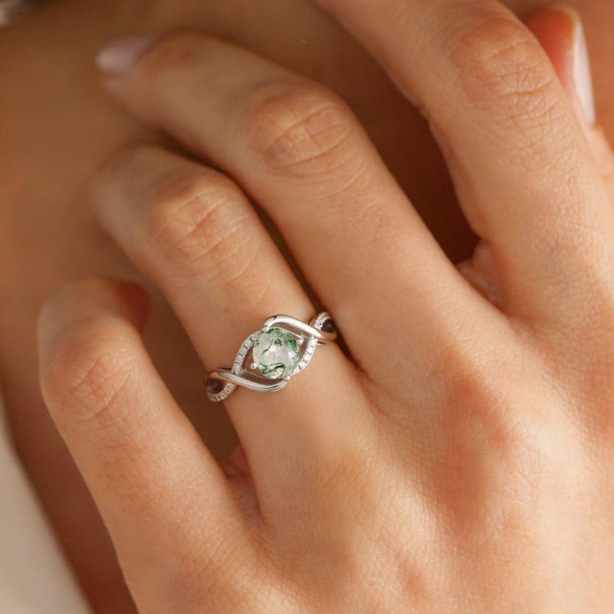 Classic Infinity Round Cut Moss Agate Engagement Ring.
