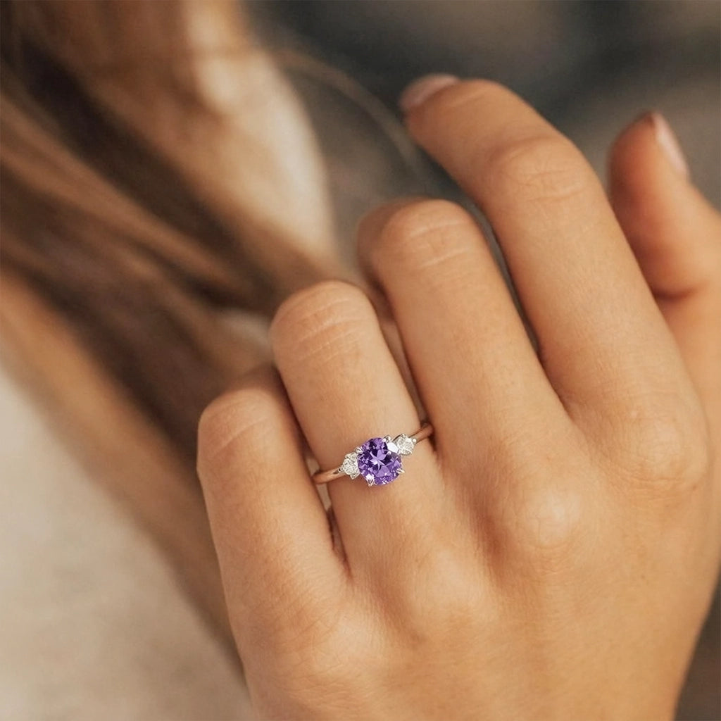 Velvet Twilight | Three-Stone Tanzanite & Moissanite Ring.