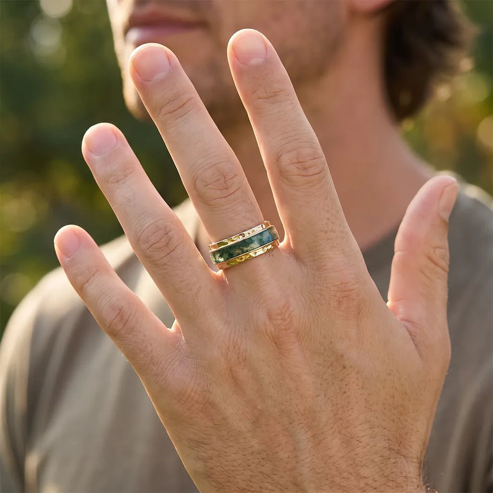 Vidar’s Forge | 8MM Hammered Moss Agate Inlay Men's Wedding Band.