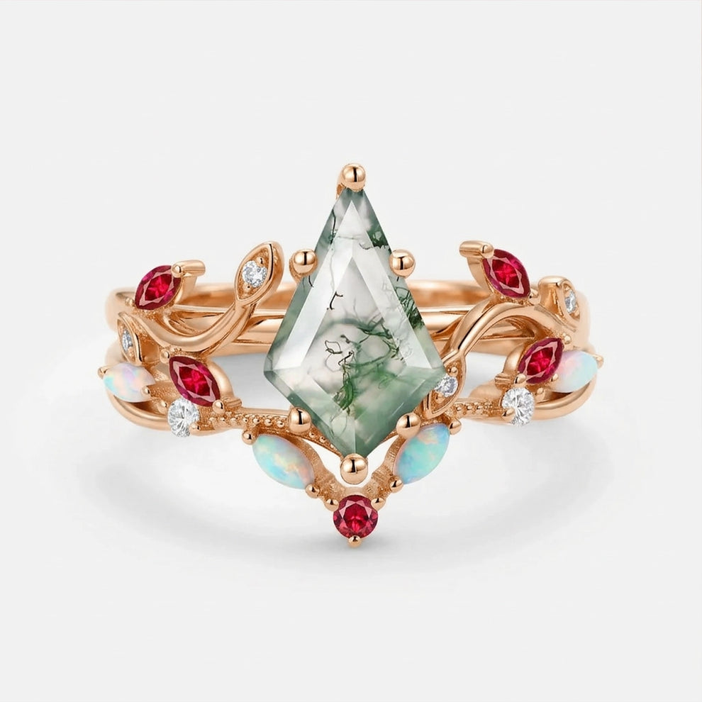 Moss Agate & Opal & Ruby Unique Engagement Ring Set 2pcs.