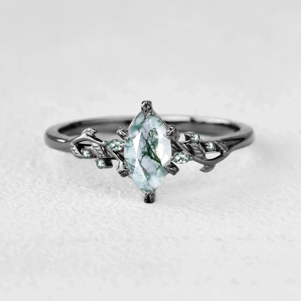 Celandine’s Twine | Marquise Moss Agate Leafy Twist Engagement Ring.