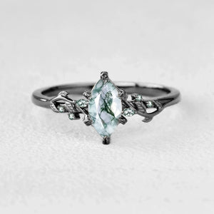 Celandine’s Twine | Marquise Moss Agate Leafy Twist Engagement Ring.