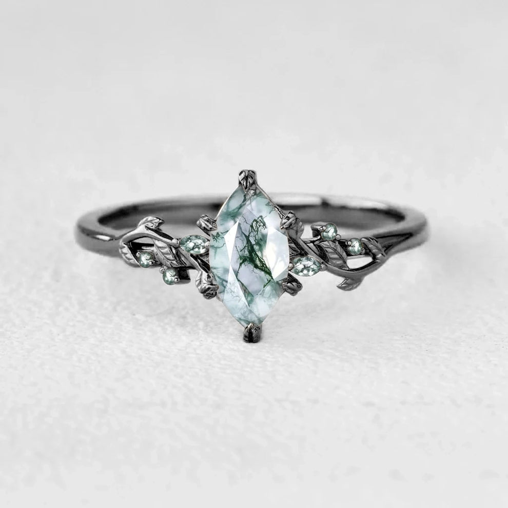 Celandine’s Twine | Marquise Moss Agate Leafy Twist Engagement Ring.