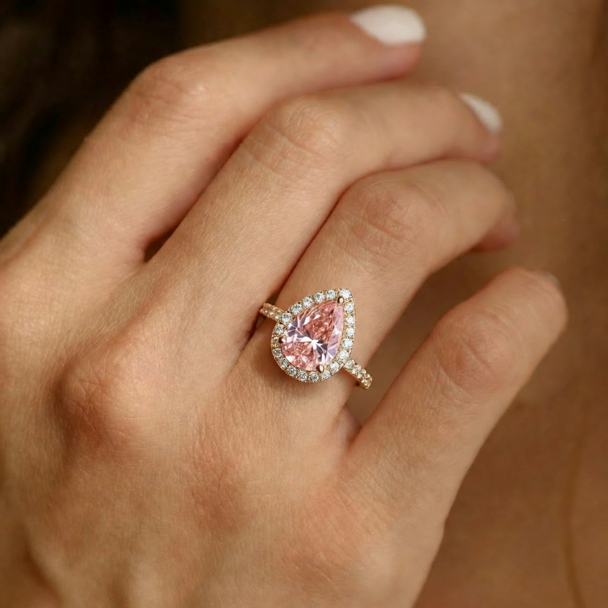 Stella’s Spark | 3CT Pear Cut Pink Gemstone Ring.