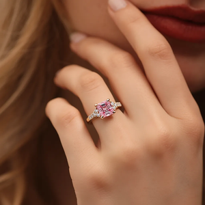 Mia's Charm | Asscher Cut Pink Sapphire & Moissanite Ring.