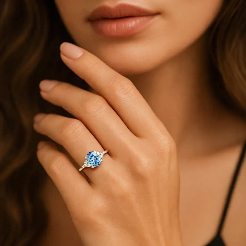 Celeste‘s Whisper | 2CT Oval Cut Blue Gemstone Ring.
