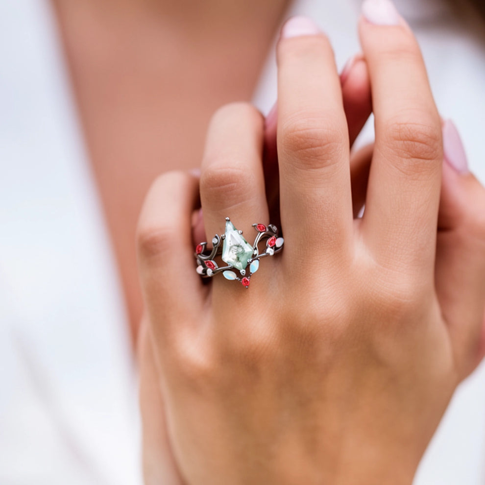 Moss Agate & Opal & Ruby Unique Engagement Ring Set 2pcs.