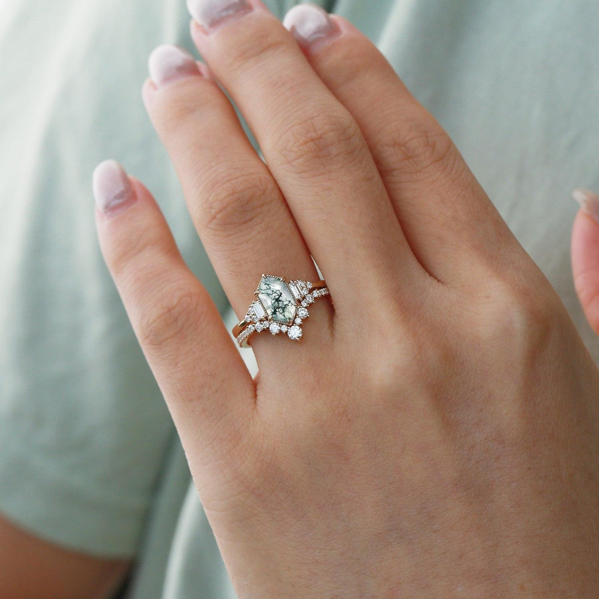 Long Hexagon Moss Agate Milgrain Engagement Ring Set 2pcs.