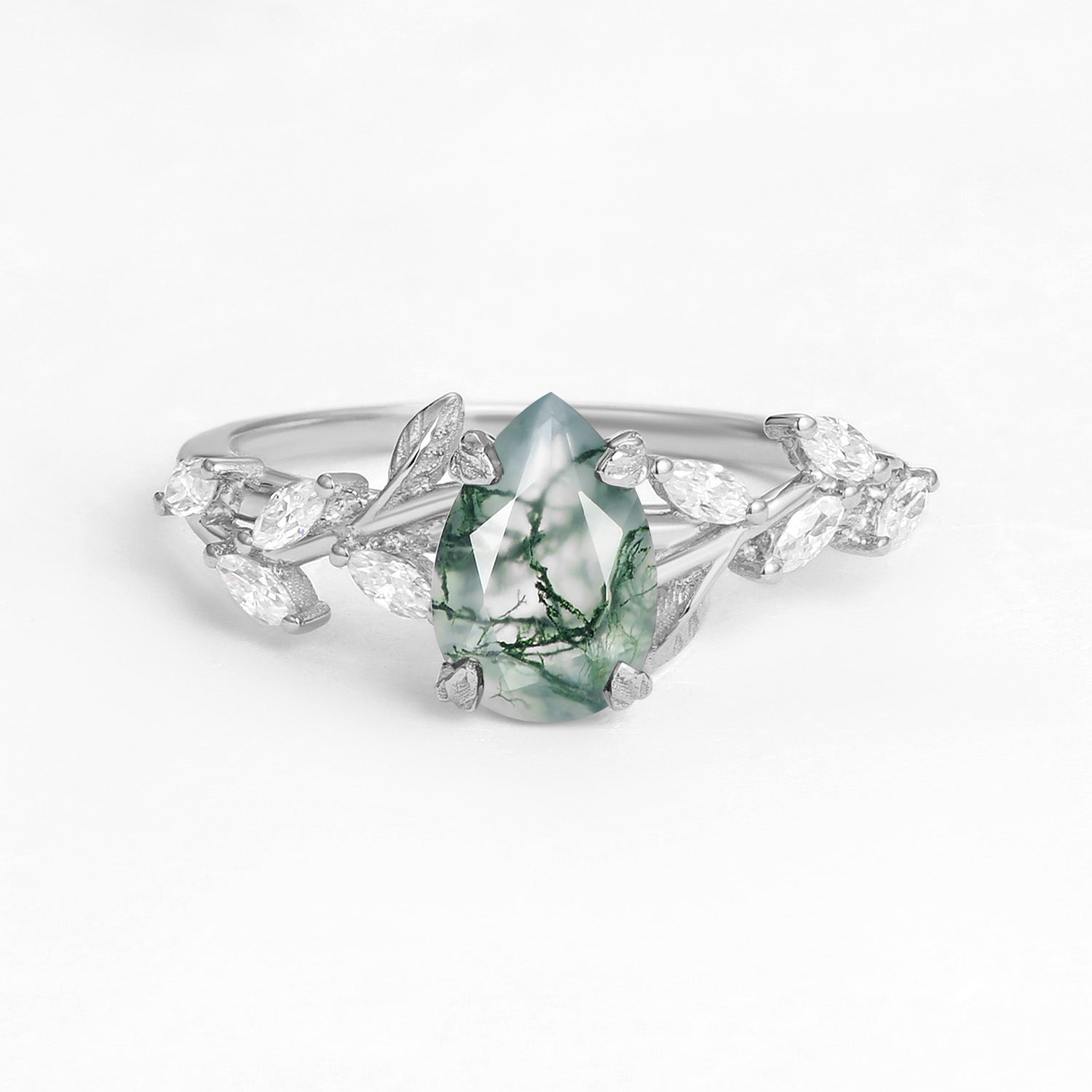 Celandine’s Tendril | Pear Cut Moss Agate Vine Engagement Ring