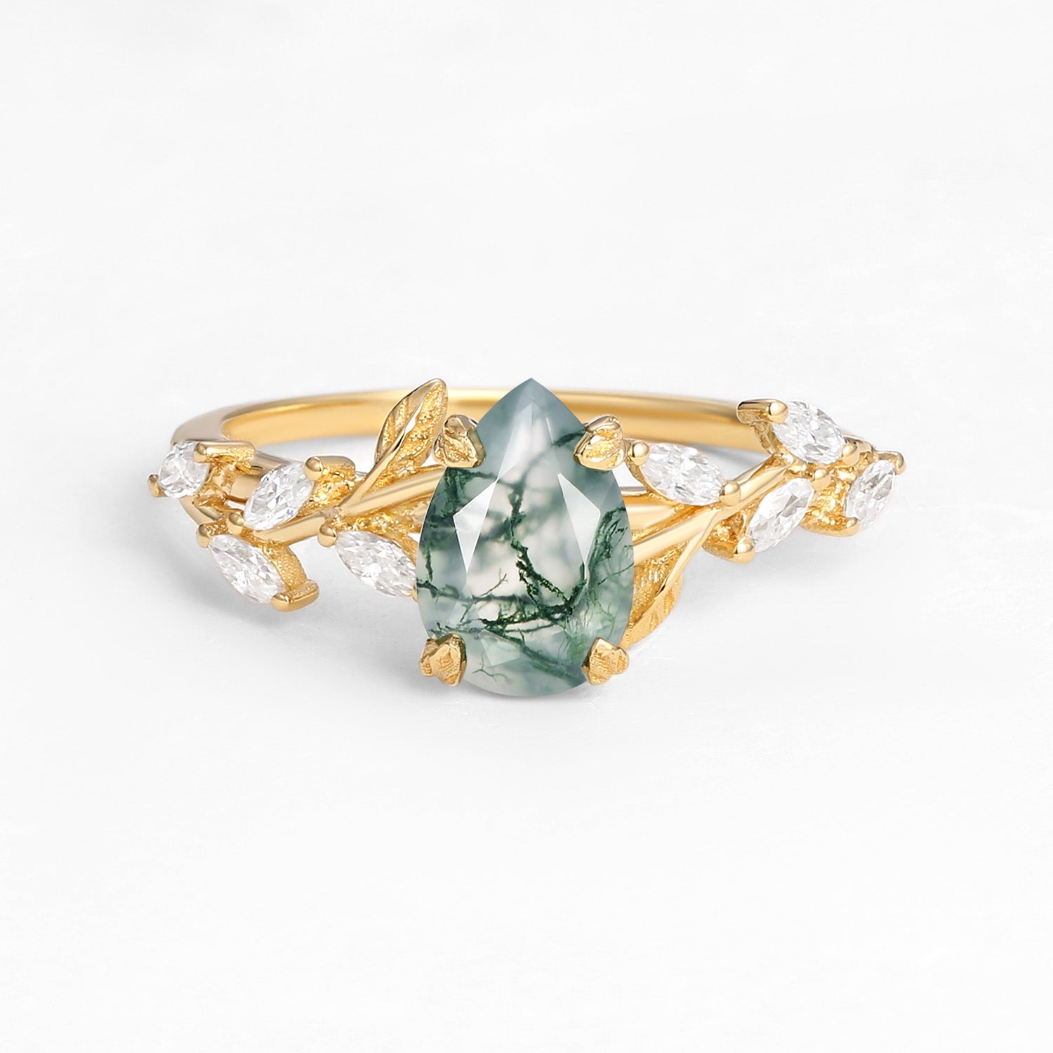 Celandine’s Tendril | Pear Cut Moss Agate Vine Engagement Ring