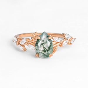 Celandine’s Tendril | Pear Cut Moss Agate Vine Engagement Ring