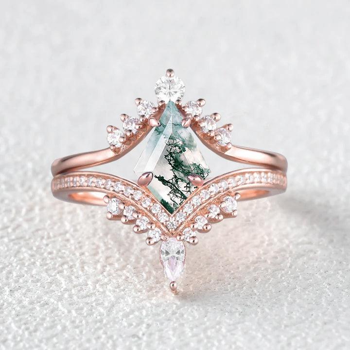 Kite Cut Moss Agate Deep V Chevron Engagement Ring Set 2pcs.