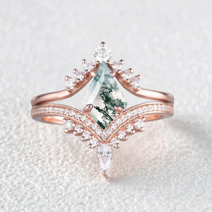 Kite Cut Moss Agate Deep V Chevron Engagement Ring Set 2pcs.