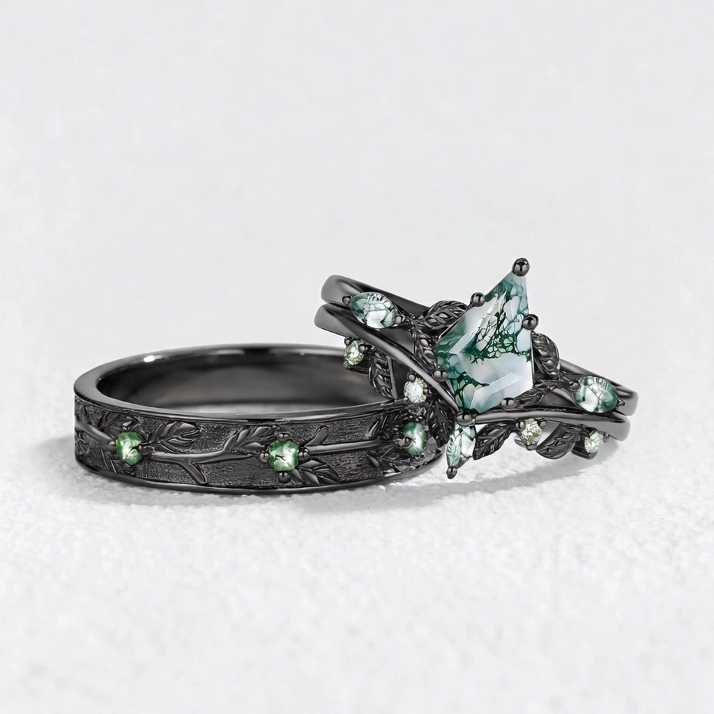 Sylvie’s Bower | Kite Cut Moss Agate Leafy Cluster Couple Ring Set 3pcs.
