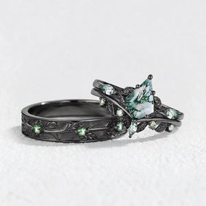 Sylvie’s Bower | Kite Cut Moss Agate Leafy Cluster Couple Ring Set 3pcs.