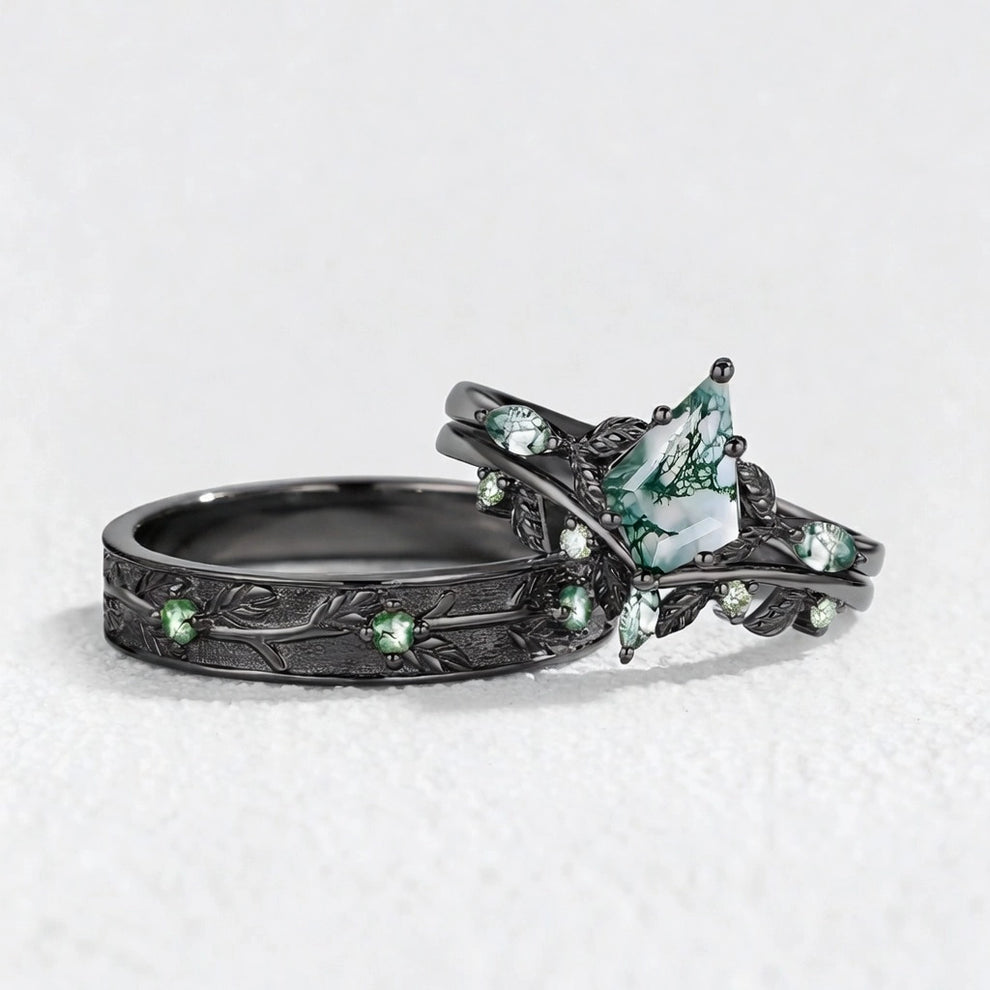 Sylvie’s Bower | Kite Cut Moss Agate Leafy Cluster Couple Ring Set 3pcs.