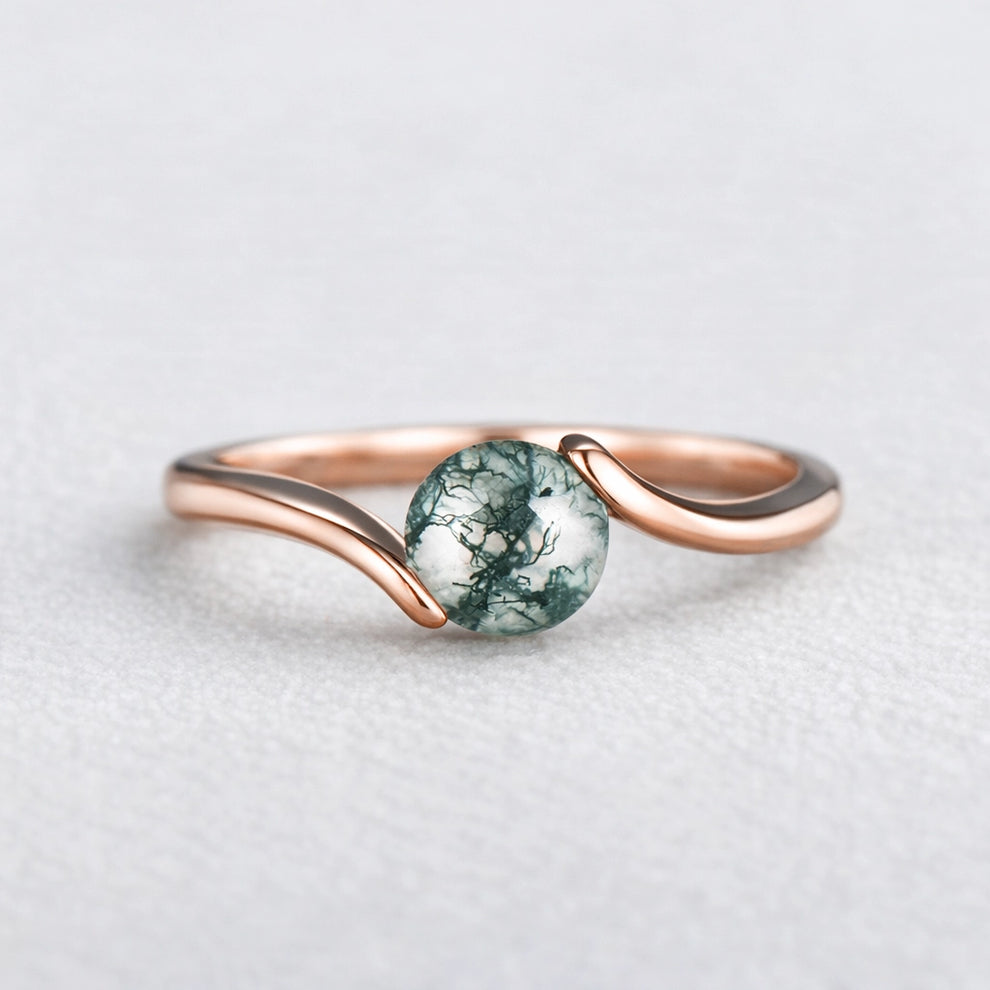 One Stone Duo | Round Moss Agate Couple Ring Set 2pcs.