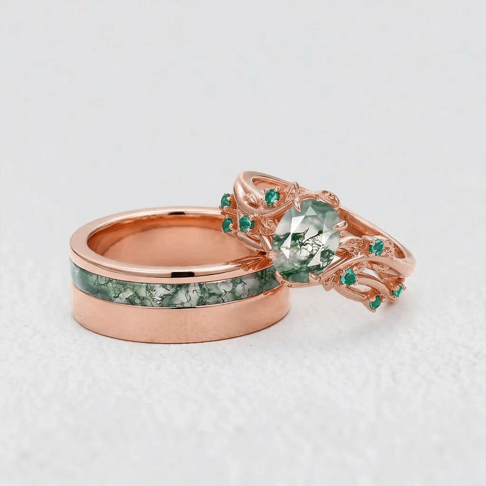 Sylvie’s Shadow | Black Gold & Oval Moss Agate Couple Ring Set 3pcs.