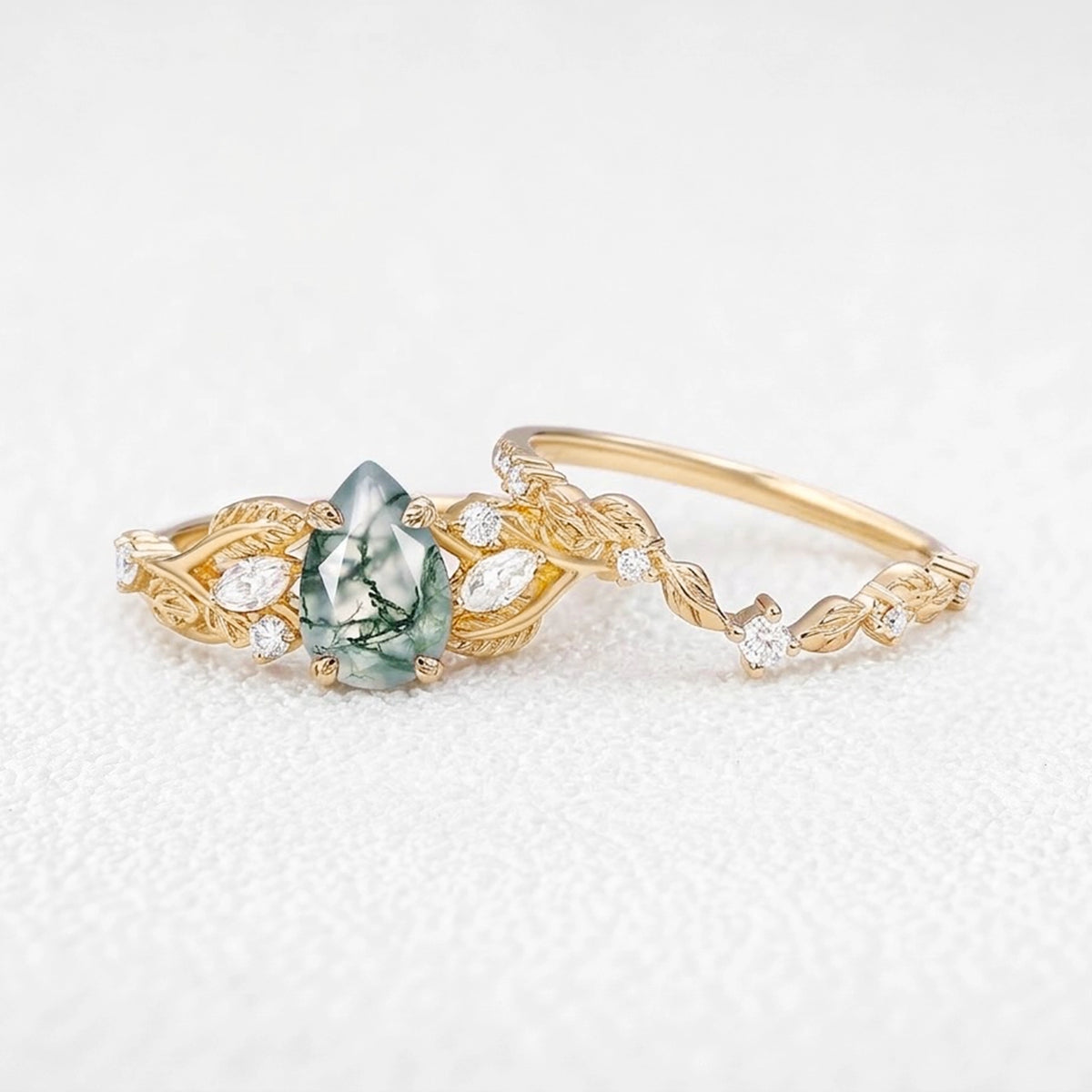 Rosalind’s Heirloom | Pear Cut Moss Agate Leafy Vintage Bridal Set 2pcs
