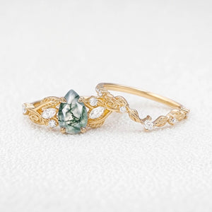 Rosalind’s Heirloom | Pear Cut Moss Agate Leafy Vintage Bridal Set 2pcs
