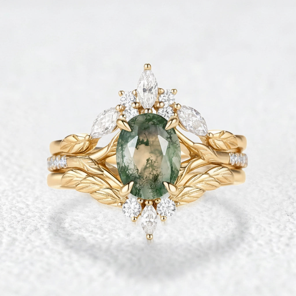 Unique Oval Cut Moss Agate Leafy Cluster Bridal Set.