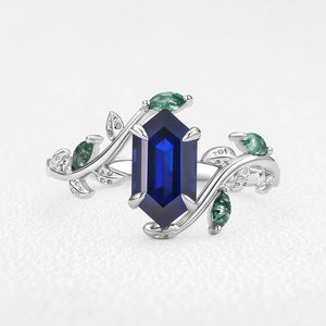Sylvie’s Herbarium | Vintage Hexagon Moss Agate & Emerald Leafy Engagement Ring