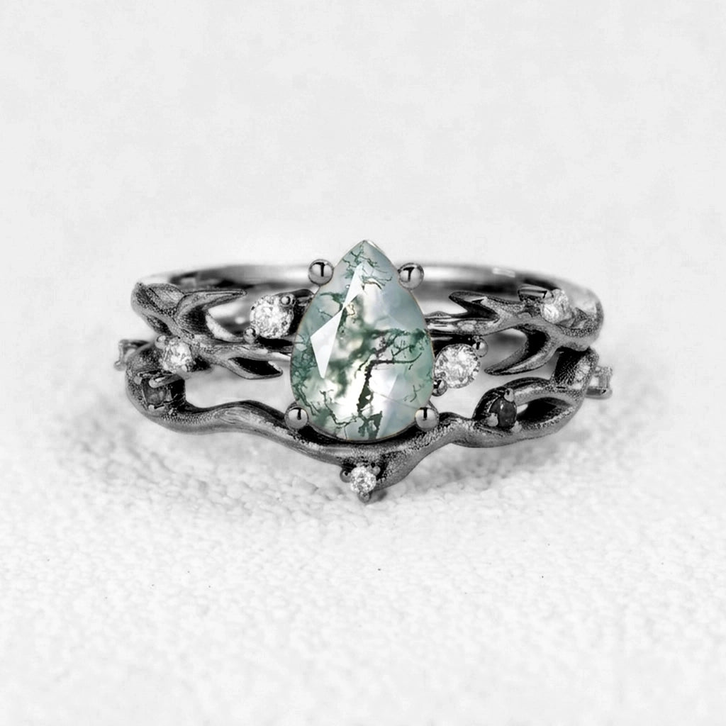 Camellia Pear Cut Moss Agate Branch Leafy Bridal Set 2pcs.