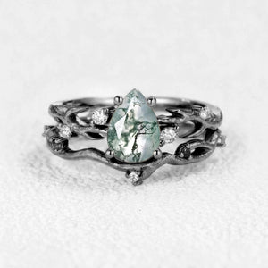 Camellia Pear Cut Moss Agate Branch Leafy Bridal Set 2pcs.