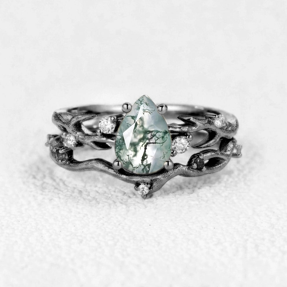 Camellia Pear Cut Moss Agate Branch Leafy Bridal Set 2pcs.