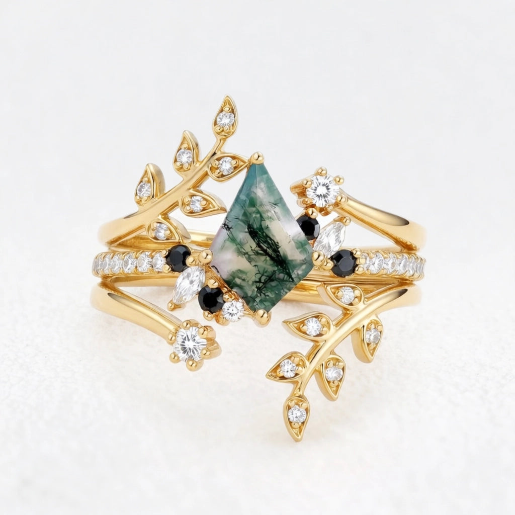 Eleonora’s Quartet | Kite Moss Agate & Black Moissanite Couple Set 4pcs