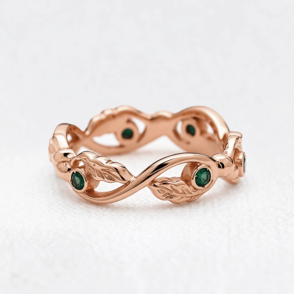 The Lacy Oak | Openwork Oak Leaves & Natural Emerald Women's Wedding Band.