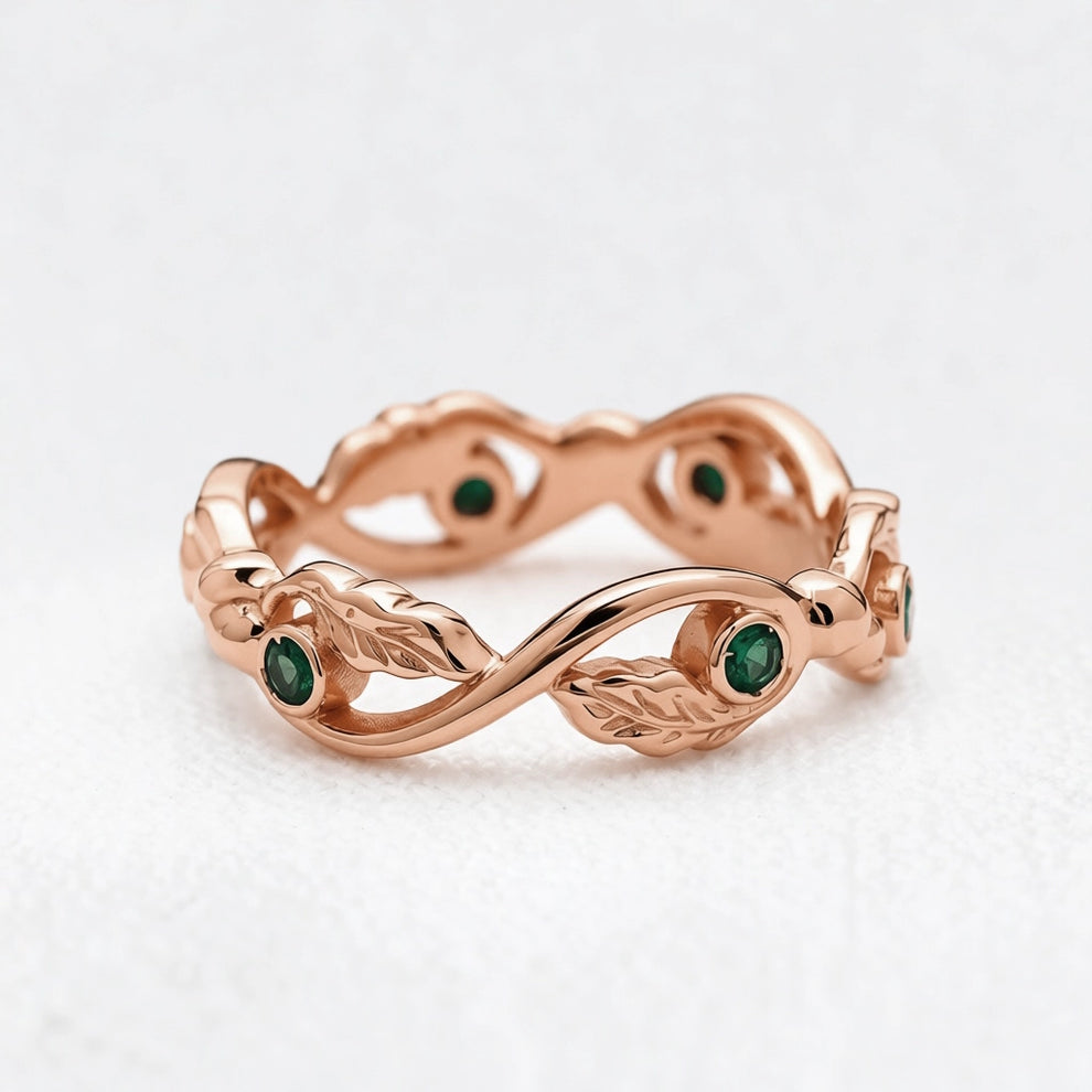 The Lacy Oak | Openwork Oak Leaves & Natural Emerald Women's Wedding Band.
