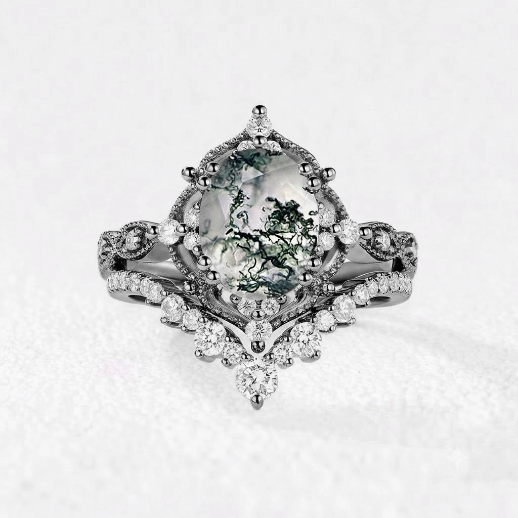 Charlotte’s Heritage | 2CT Vintage Oval Moss Agate Grand Bridal Set 2pcs