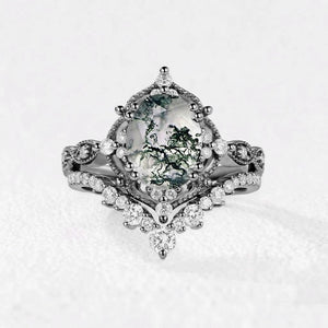 Charlotte’s Heritage | 2CT Vintage Oval Moss Agate Grand Bridal Set 2pcs
