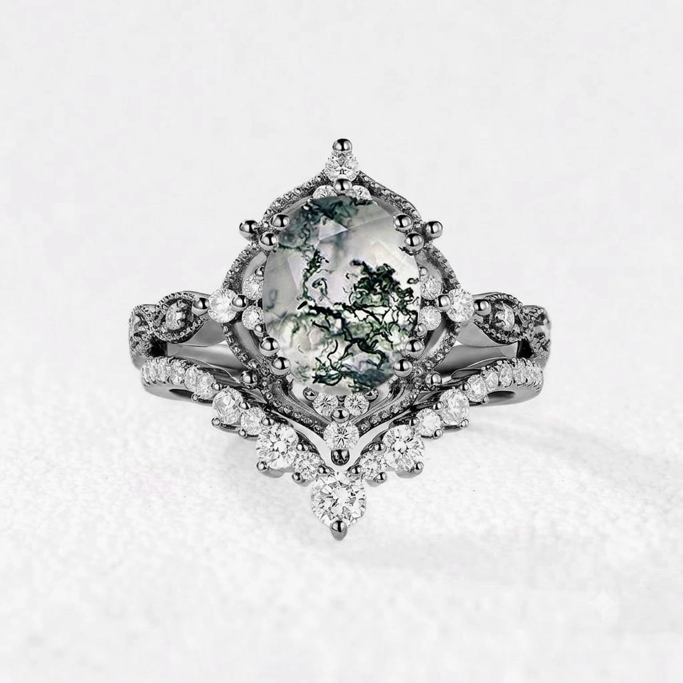 Charlotte’s Heritage | 2CT Vintage Oval Moss Agate Grand Bridal Set 2pcs