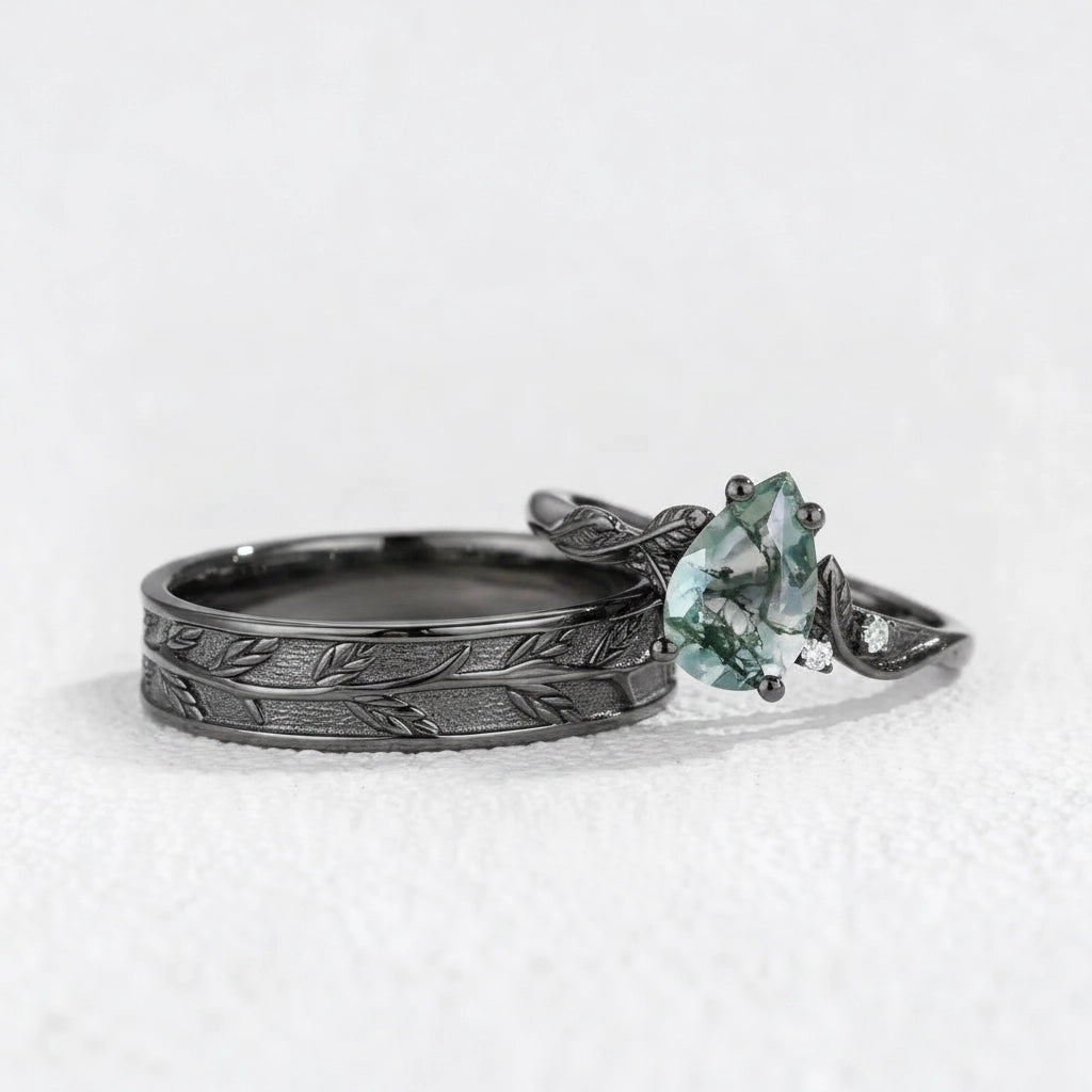 Laurel’s Spinney | Pear Moss Agate Leaf Wedding Band Couple Set 3pcs.