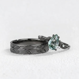 Laurel’s Spinney | Pear Moss Agate Leaf Wedding Band Couple Set 3pcs.