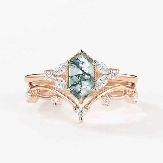 1.5ct Geometric Moss Agate Floral Vintage Ring Set 2PCS