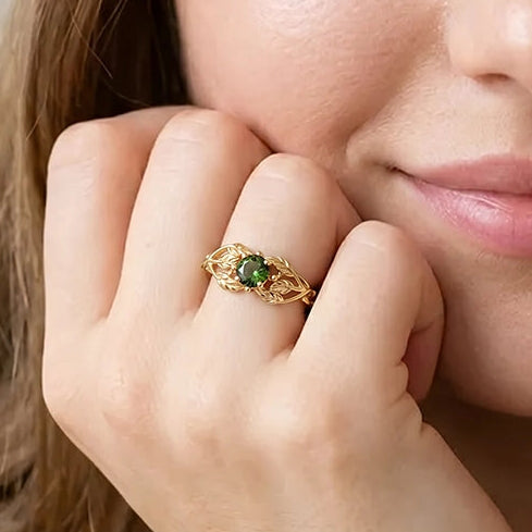 Scarlett’s Laurel | Round Red Sapphire Solitaire with Laurel Leaves Engagement Ring.