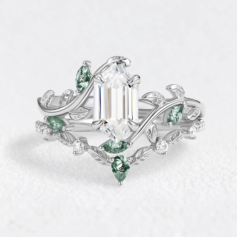 Daphne’s Laurel | Hexagon Cut Moss Agate & Emerald Vine Duo