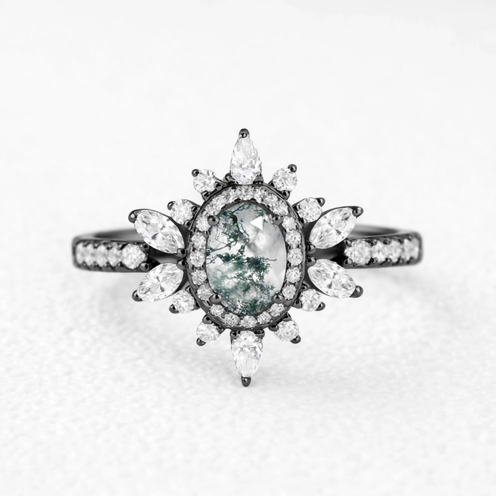 Verdana’s Nimbus | Oval Moss Agate Halo  Engagement Ring.