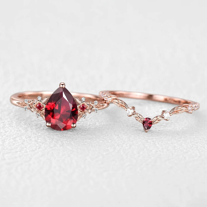 Scarlett’s Twig | Vintage Pear Red Ruby & Diamond Floral Bridal Set 2pcs.