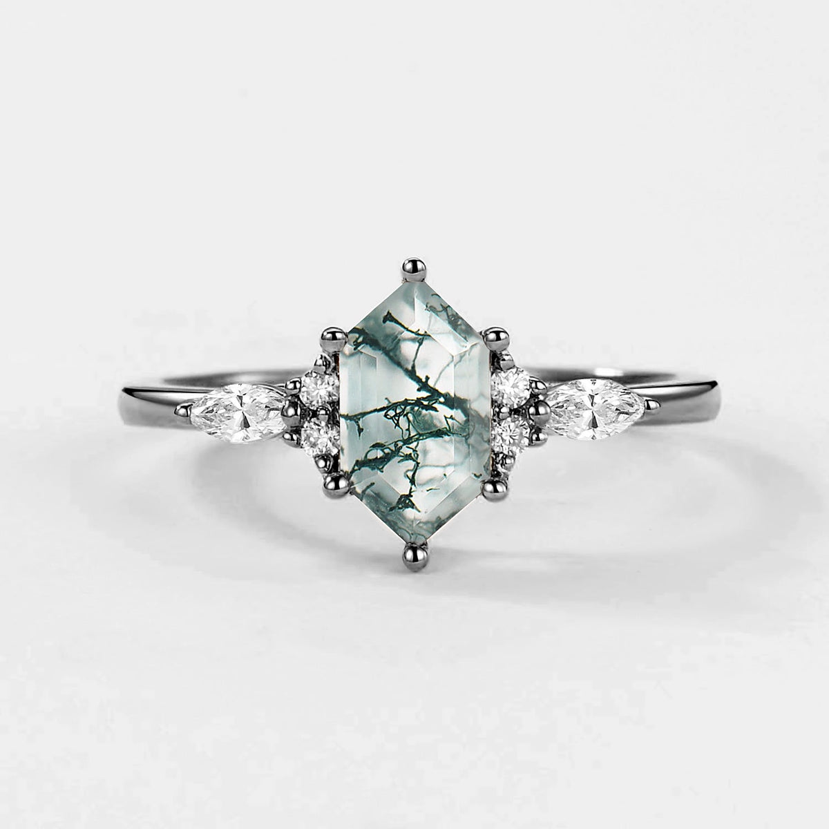 Aria‘s Tessera | Geometric Hexagon Moss Agate Marquise Engagement Ring.