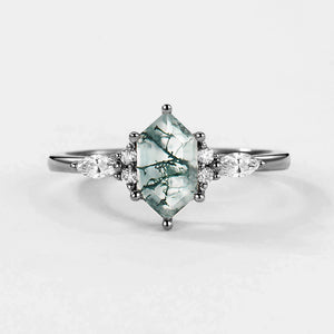 Aria‘s Tessera | Geometric Hexagon Moss Agate Marquise Engagement Ring.