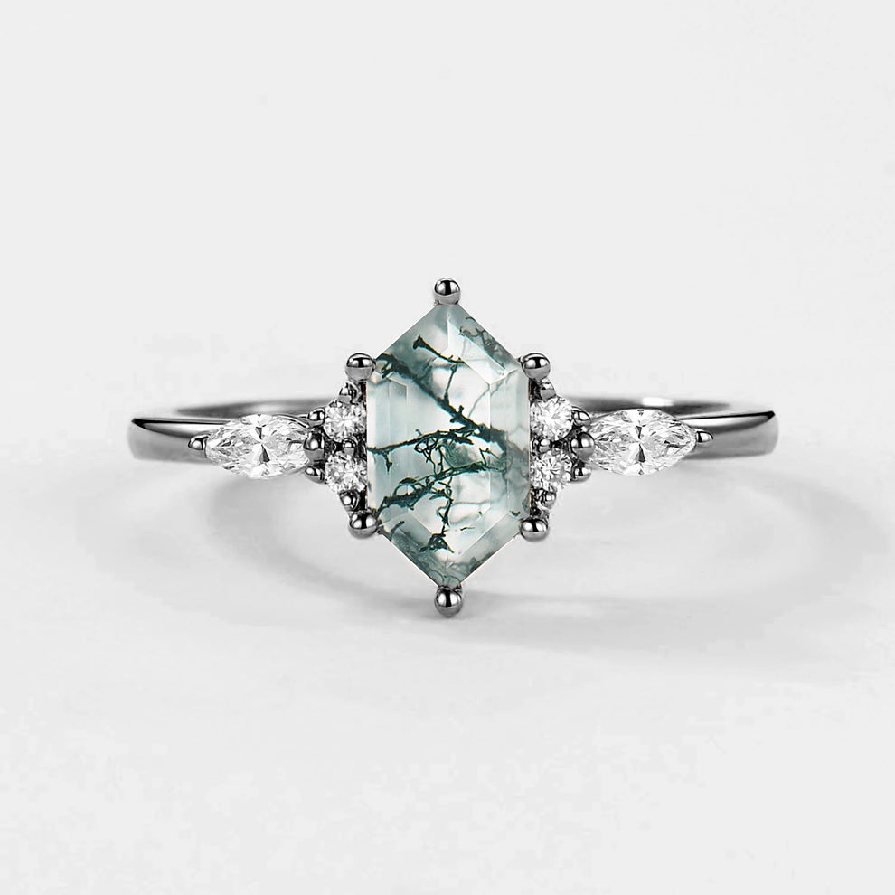 Aria‘s Tessera | Geometric Hexagon Moss Agate Marquise Engagement Ring.