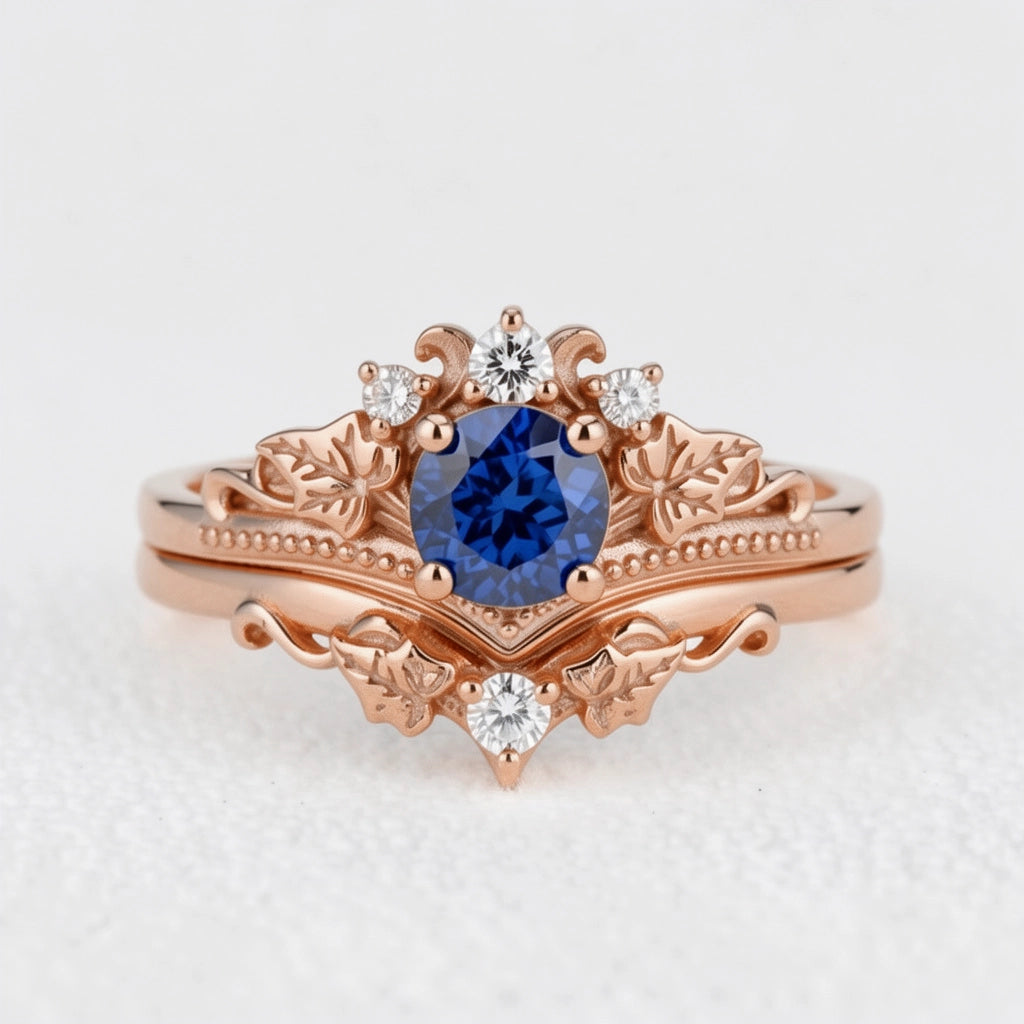 Ivy’s Wreath | Round Blue Sapphire & Diamond Vintage Bridal Set 2pcs.
