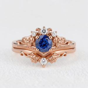 Ivy’s Wreath | Round Blue Sapphire & Diamond Vintage Bridal Set 2pcs.